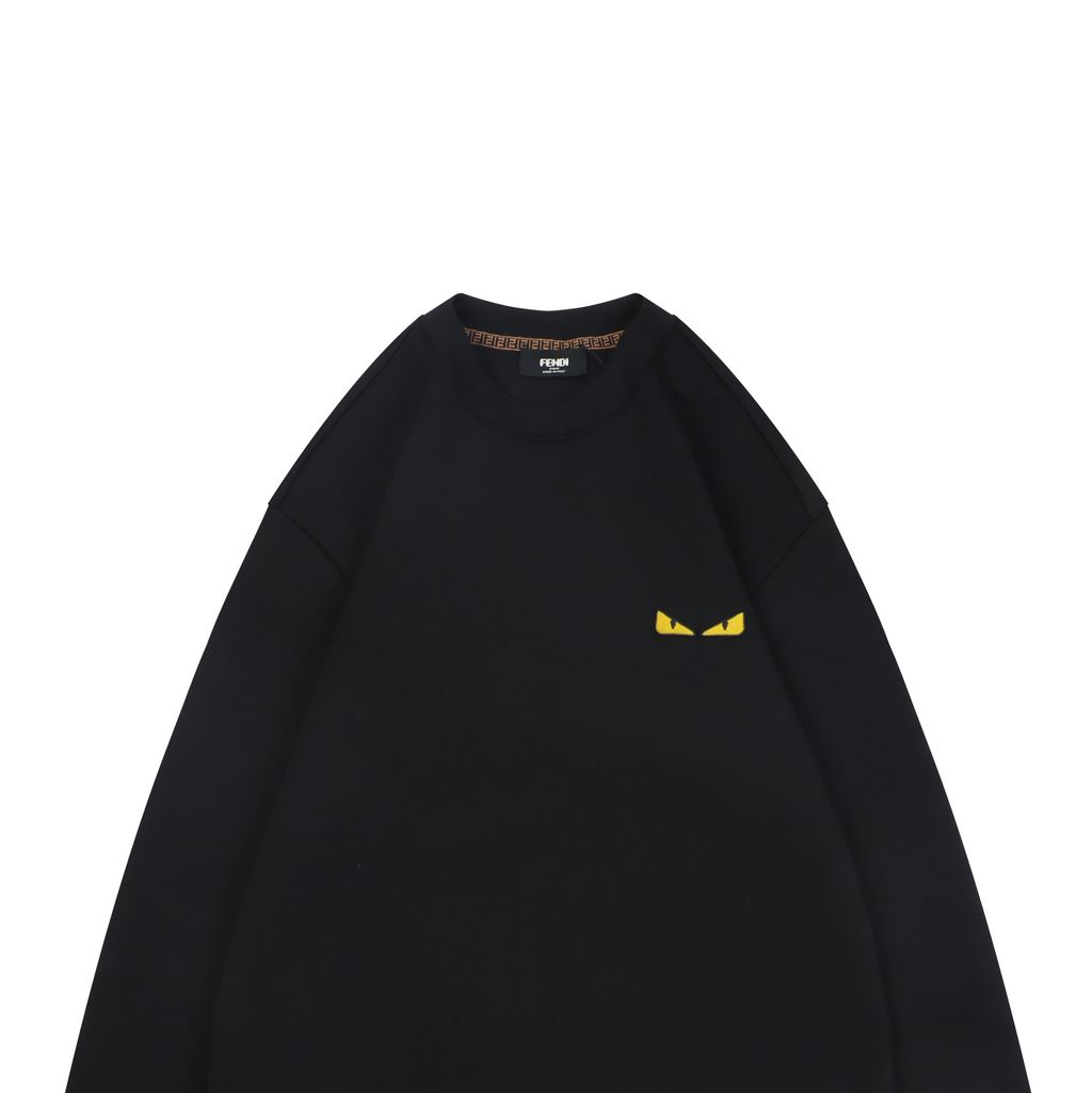 Fendi Monster yellow eyes embroidered crew neck sweatshirt black 400g combed cotton dimensional embroidery double washed relaxed fit sizes S-XXL
