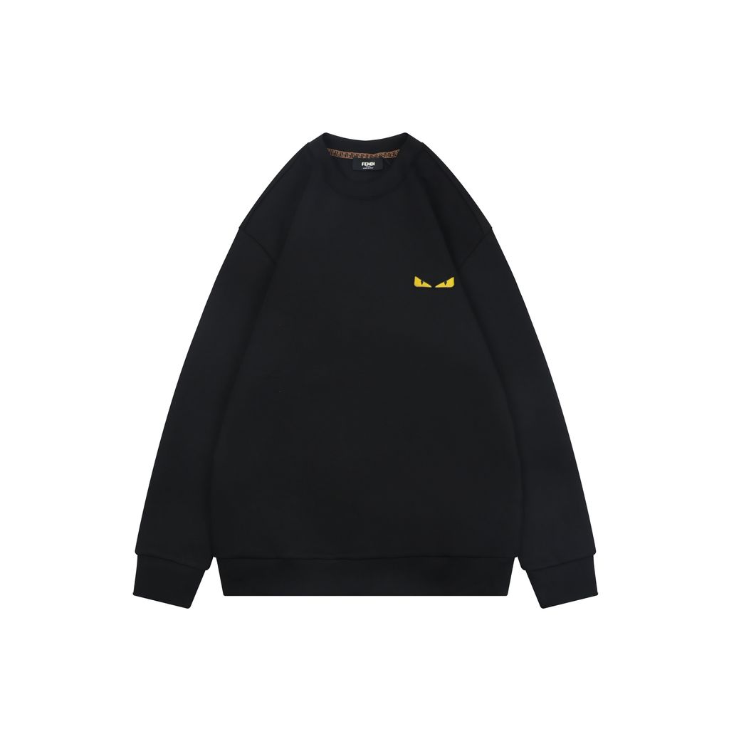 Fendi Monster yellow eyes embroidered crew neck sweatshirt black 400g combed cotton dimensional embroidery double washed relaxed fit sizes S-XXL