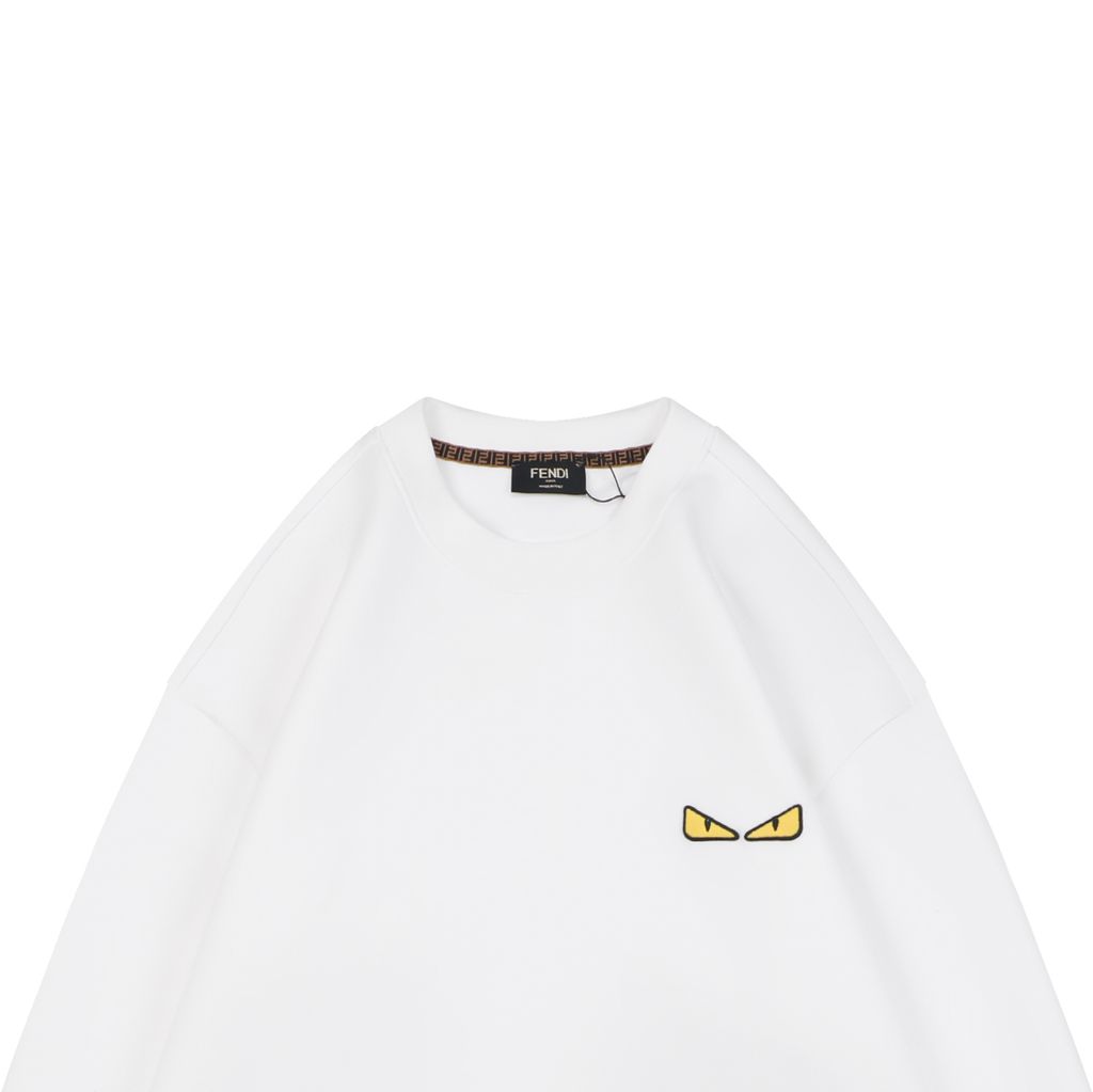 Fendi Monster yellow eyes embroidered crew neck sweatshirt white 400g combed cotton dimensional embroidery double washed relaxed fit sizes S-XXL