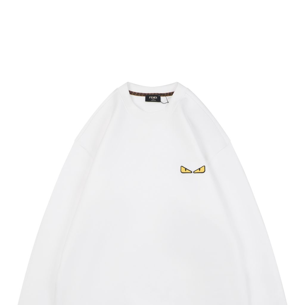 Fendi Monster yellow eyes embroidered crew neck sweatshirt white 400g combed cotton dimensional embroidery double washed relaxed fit sizes S-XXL