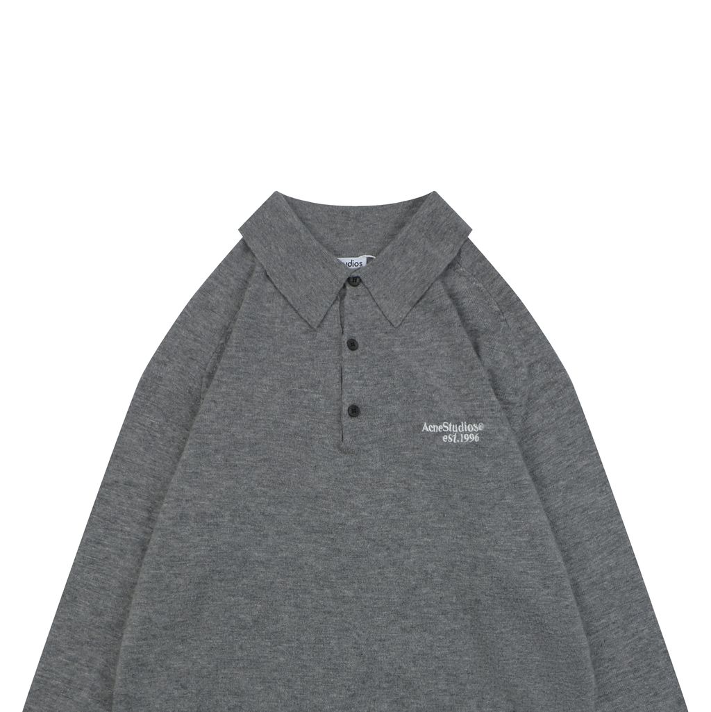 Acne Studios N8-1996 small logo embroidered polo sweater grey yak wool blend 14 gauge STOLL knit raglan sleeves Tajima embroidery horn buttons sizes S-XL