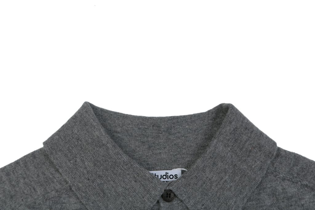Acne Studios N8-1996 small logo embroidered polo sweater grey yak wool blend 14 gauge STOLL knit raglan sleeves Tajima embroidery horn buttons sizes S-XL