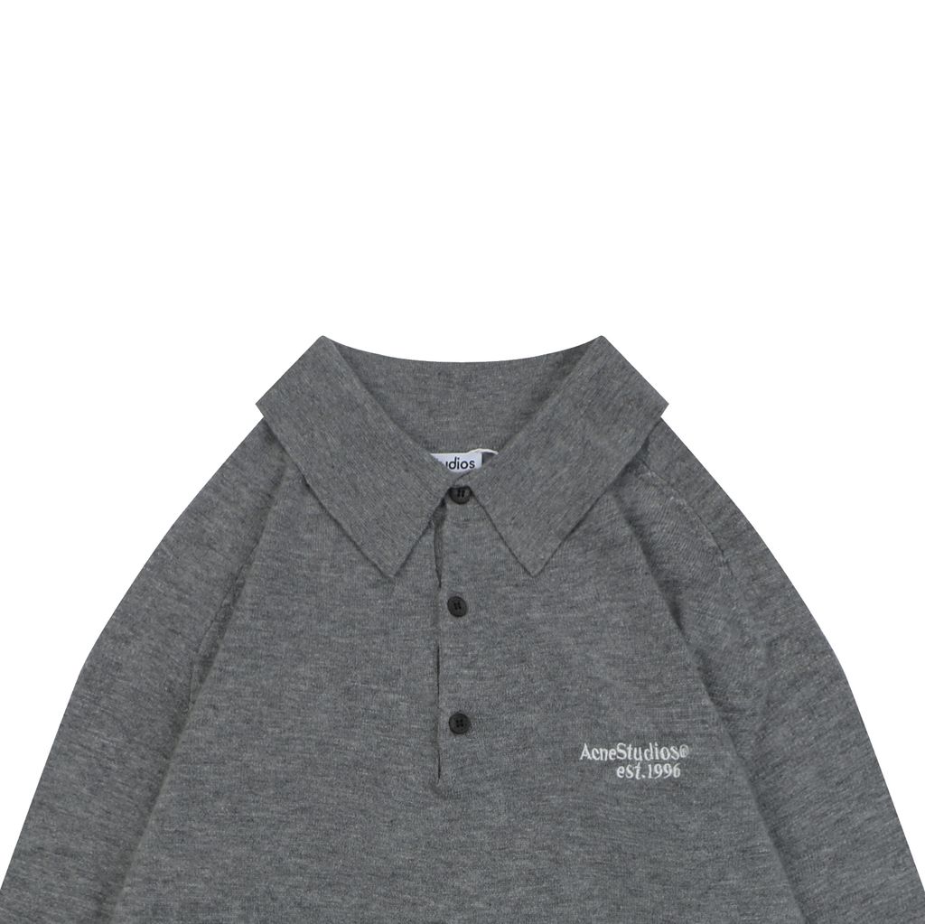 Acne Studios N8-1996 small logo embroidered polo sweater grey yak wool blend 14 gauge STOLL knit raglan sleeves Tajima embroidery horn buttons sizes S-XL