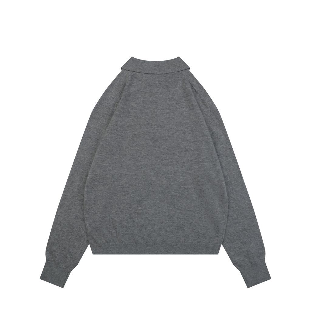 Acne Studios N8-1996 small logo embroidered polo sweater grey yak wool blend 14 gauge STOLL knit raglan sleeves Tajima embroidery horn buttons sizes S-XL