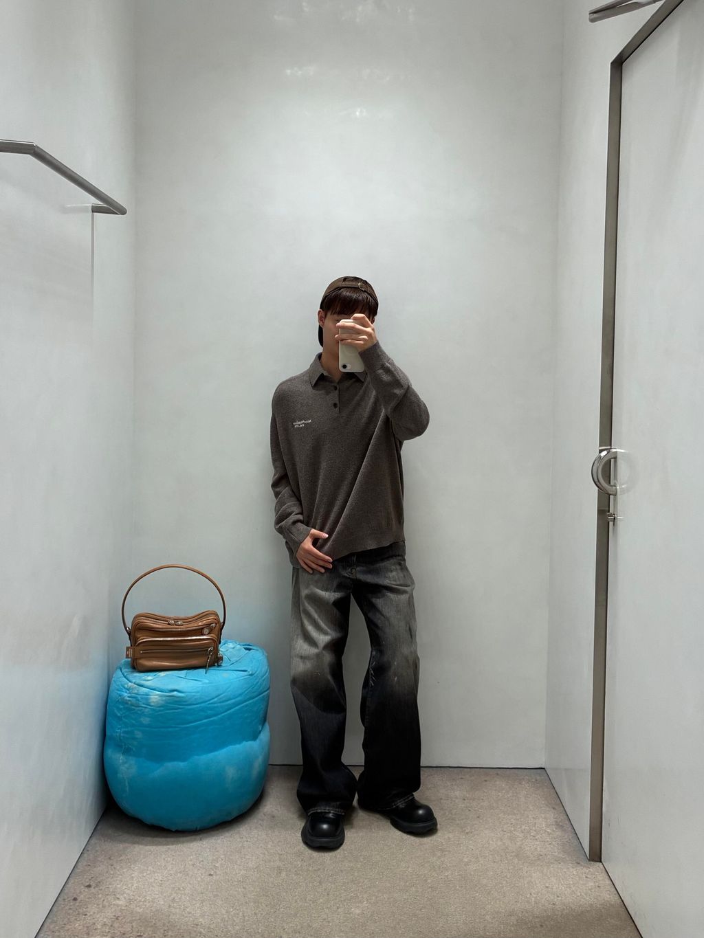 Acne Studios N8-1996 small logo embroidered polo sweater grey yak wool blend 14 gauge STOLL knit raglan sleeves Tajima embroidery horn buttons sizes S-XL