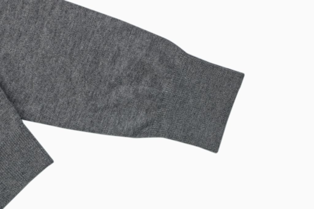Acne Studios N8-1996 small logo embroidered polo sweater grey yak wool blend 14 gauge STOLL knit raglan sleeves Tajima embroidery horn buttons sizes S-XL