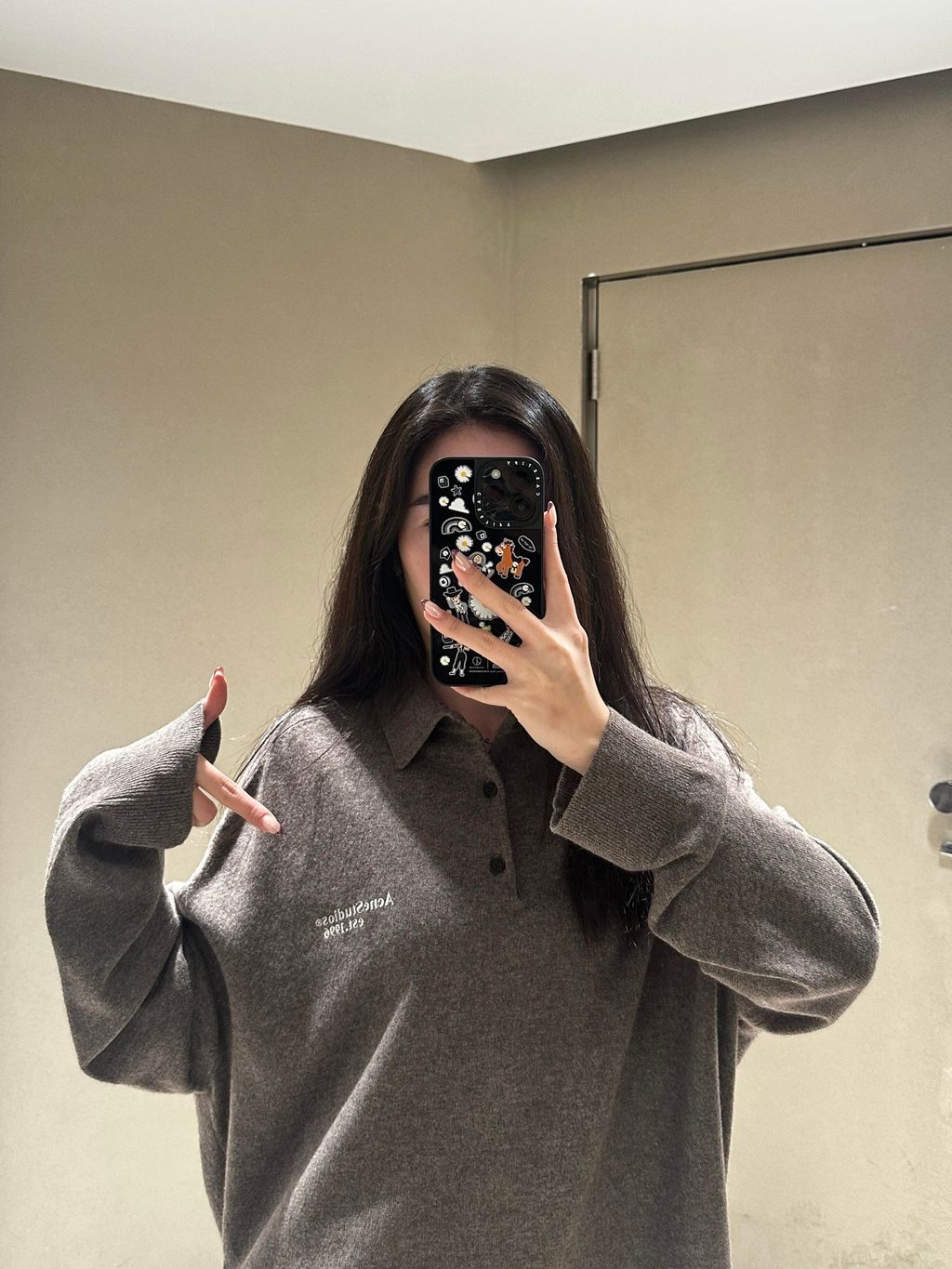 Acne Studios N8-1996 small logo embroidered polo sweater grey yak wool blend 14 gauge STOLL knit raglan sleeves Tajima embroidery horn buttons sizes S-XL