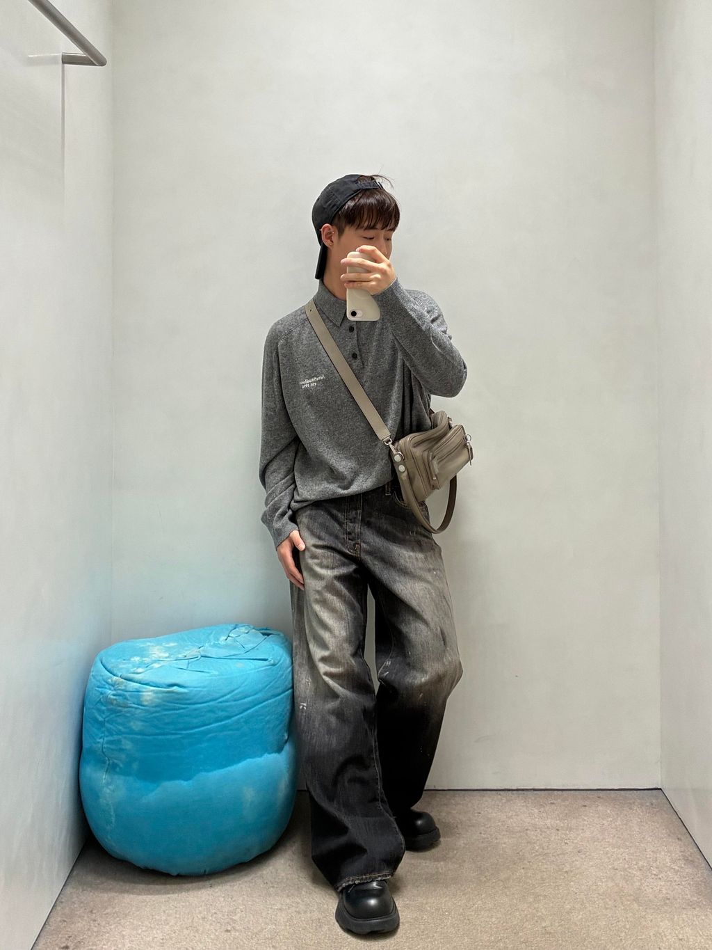 Acne Studios N8-1996 small logo embroidered polo sweater grey yak wool blend 14 gauge STOLL knit raglan sleeves Tajima embroidery horn buttons sizes S-XL