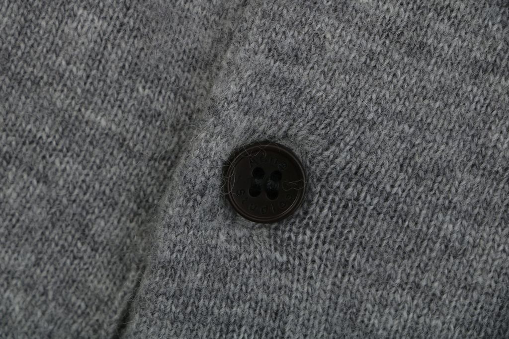 Acne Studios N8-1996 small logo embroidered polo sweater grey yak wool blend 14 gauge STOLL knit raglan sleeves Tajima embroidery horn buttons sizes S-XL