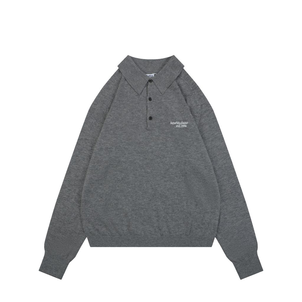 Acne Studios N8-1996 small logo embroidered polo sweater grey yak wool blend 14 gauge STOLL knit raglan sleeves Tajima embroidery horn buttons sizes S-XL