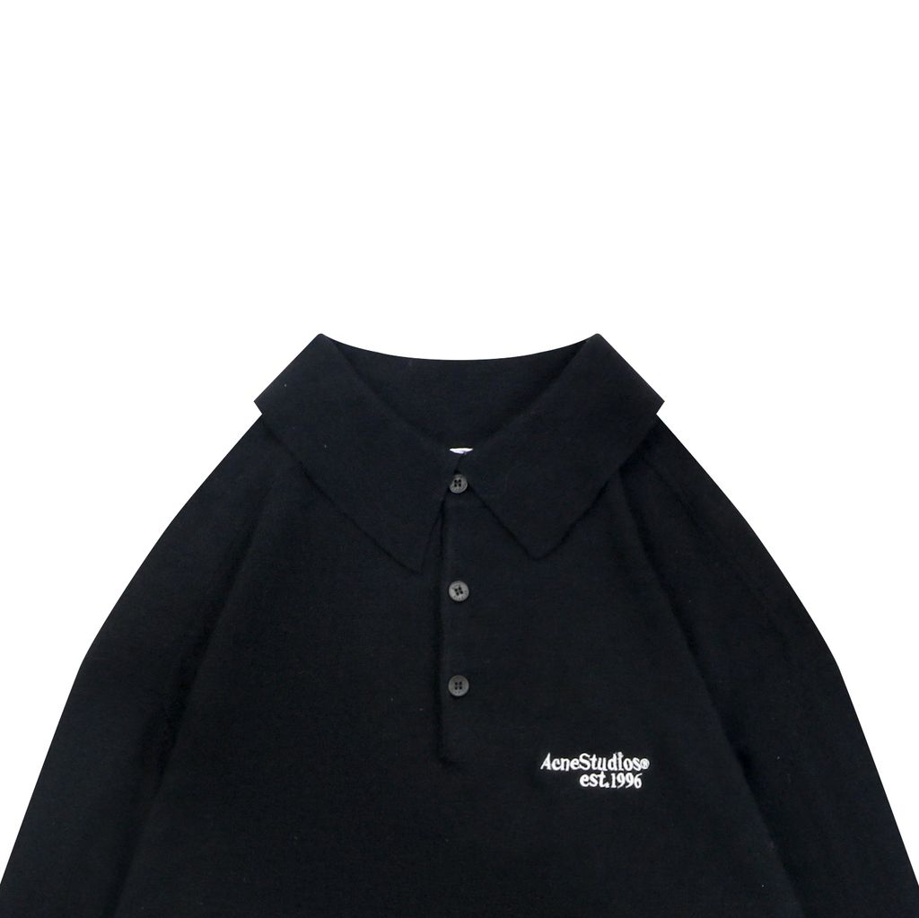 Acne Studios N8-1996 small logo embroidered polo sweater black yak wool blend 14 gauge STOLL knit raglan sleeves Tajima embroidery horn buttons sizes S-XL