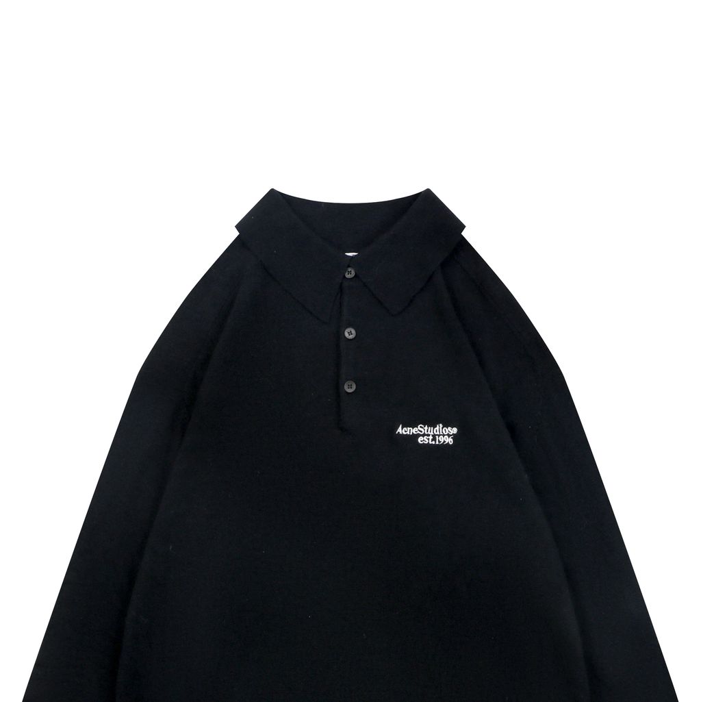 Acne Studios N8-1996 small logo embroidered polo sweater black yak wool blend 14 gauge STOLL knit raglan sleeves Tajima embroidery horn buttons sizes S-XL