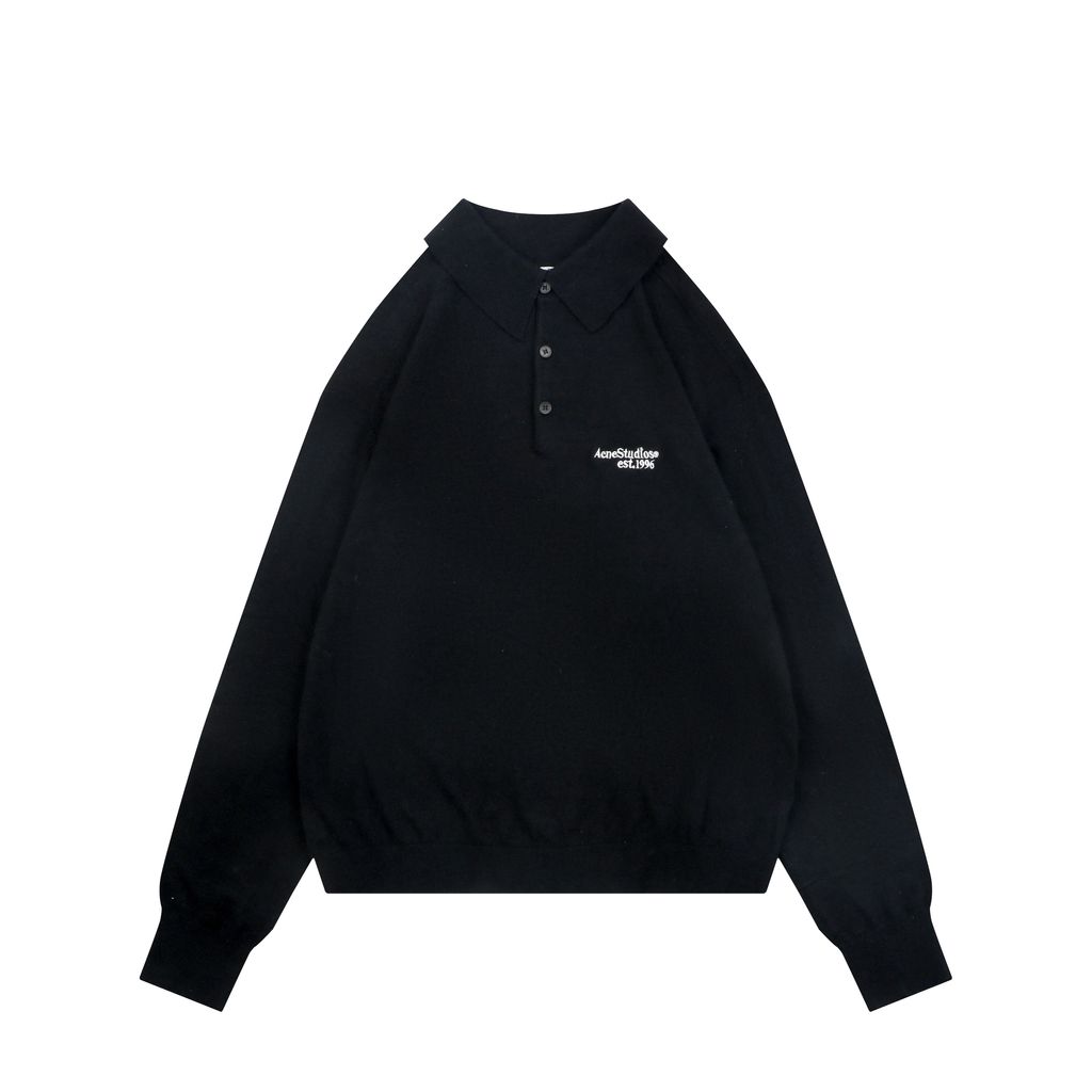 Acne Studios N8-1996 small logo embroidered polo sweater black yak wool blend 14 gauge STOLL knit raglan sleeves Tajima embroidery horn buttons sizes S-XL
