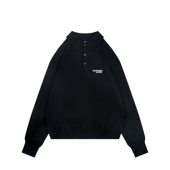 Acne Studios N8-1996 small logo embroidered polo sweater black yak wool blend 14 gauge STOLL knit raglan sleeves Tajima embroidery horn buttons sizes S-XL