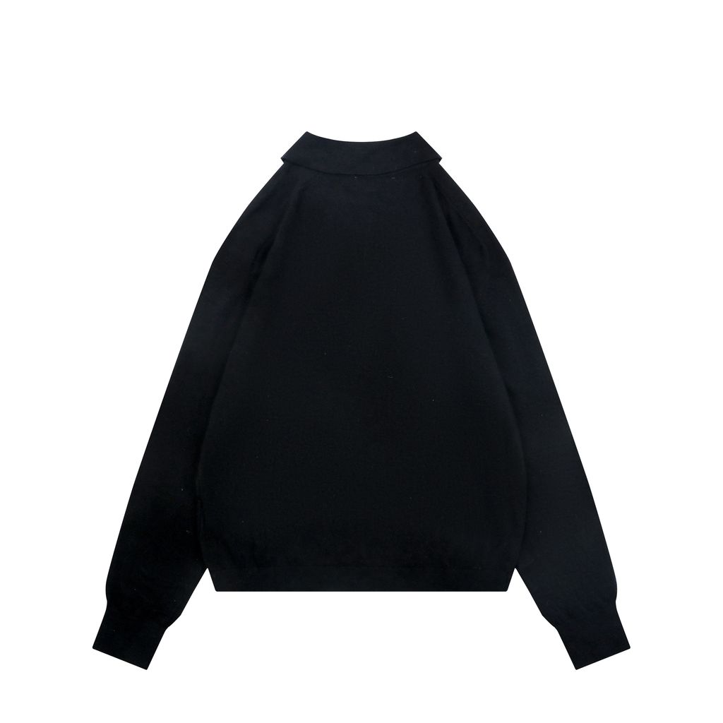 Acne Studios N8-1996 small logo embroidered polo sweater black yak wool blend 14 gauge STOLL knit raglan sleeves Tajima embroidery horn buttons sizes S-XL