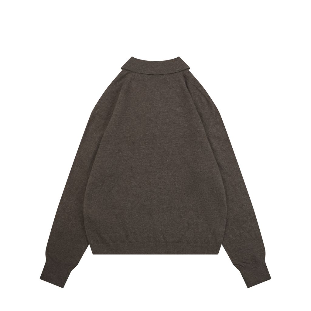 Acne Studios N8-1996 small logo embroidered polo sweater brown yak wool blend 14 gauge STOLL knit raglan sleeves Tajima embroidery horn buttons sizes S-XL