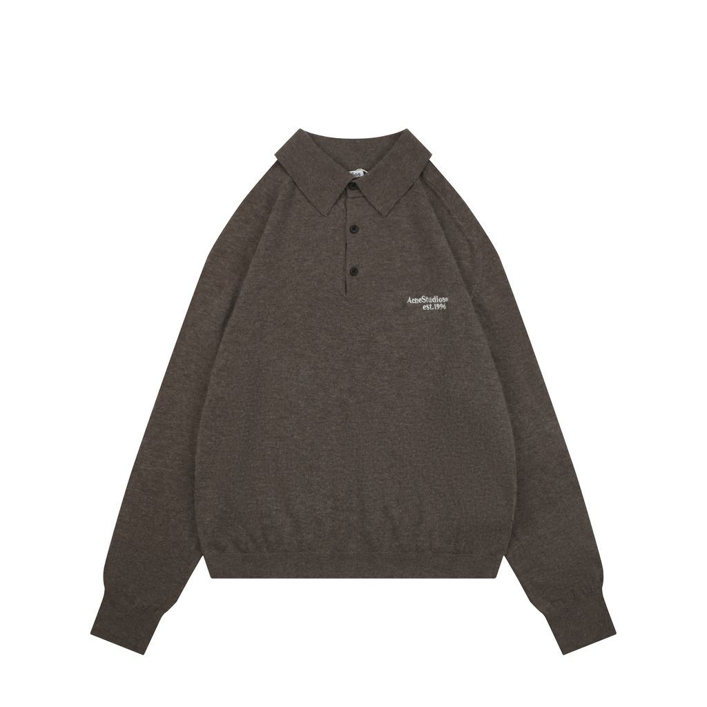 Acne Studios N8-1996 small logo embroidered polo sweater brown yak wool blend 14 gauge STOLL knit raglan sleeves Tajima embroidery horn buttons sizes S-XL