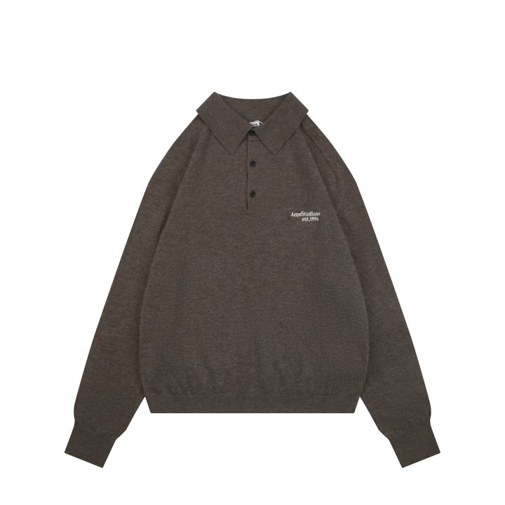 Acne Studios N8-1996 small logo embroidered polo sweater brown yak wool blend 14 gauge STOLL knit raglan sleeves Tajima embroidery horn buttons sizes S-XL