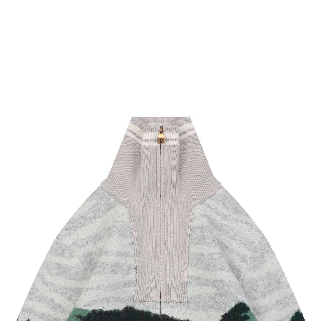Louis Vuitton forest landscape jacquard knit jacket mohair wool blend light grey heather deep green light green khaki dark grey mountain tree pattern sizes S-XL