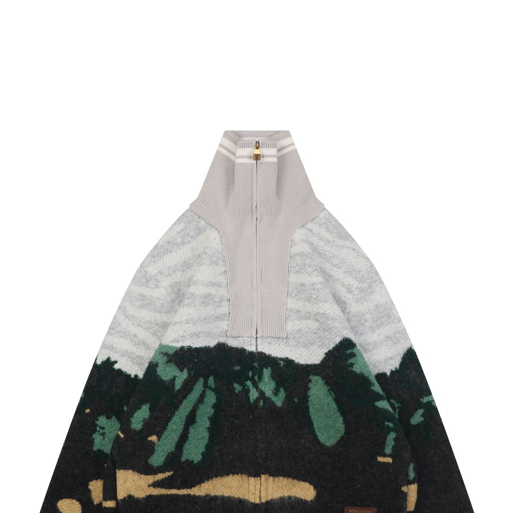 Louis Vuitton forest landscape jacquard knit jacket mohair wool blend light grey heather deep green light green khaki dark grey mountain tree pattern sizes S-XL