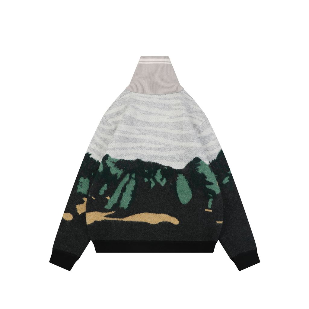 Louis Vuitton forest landscape jacquard knit jacket mohair wool blend light grey heather deep green light green khaki dark grey mountain tree pattern sizes S-XL