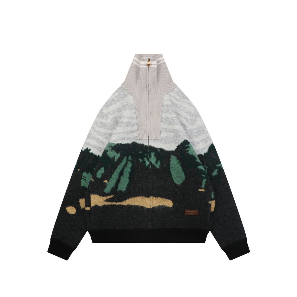 Louis Vuitton forest landscape jacquard knit jacket mohair wool blend light grey heather deep green light green khaki dark grey mountain tree pattern sizes S-XL