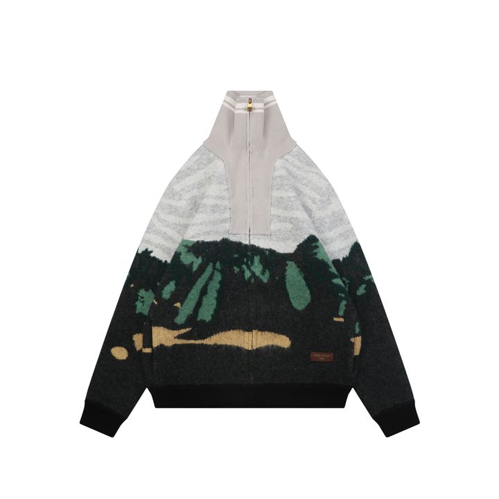 Louis Vuitton forest landscape jacquard knit jacket mohair wool blend light grey heather deep green light green khaki dark grey mountain tree pattern sizes S-XL