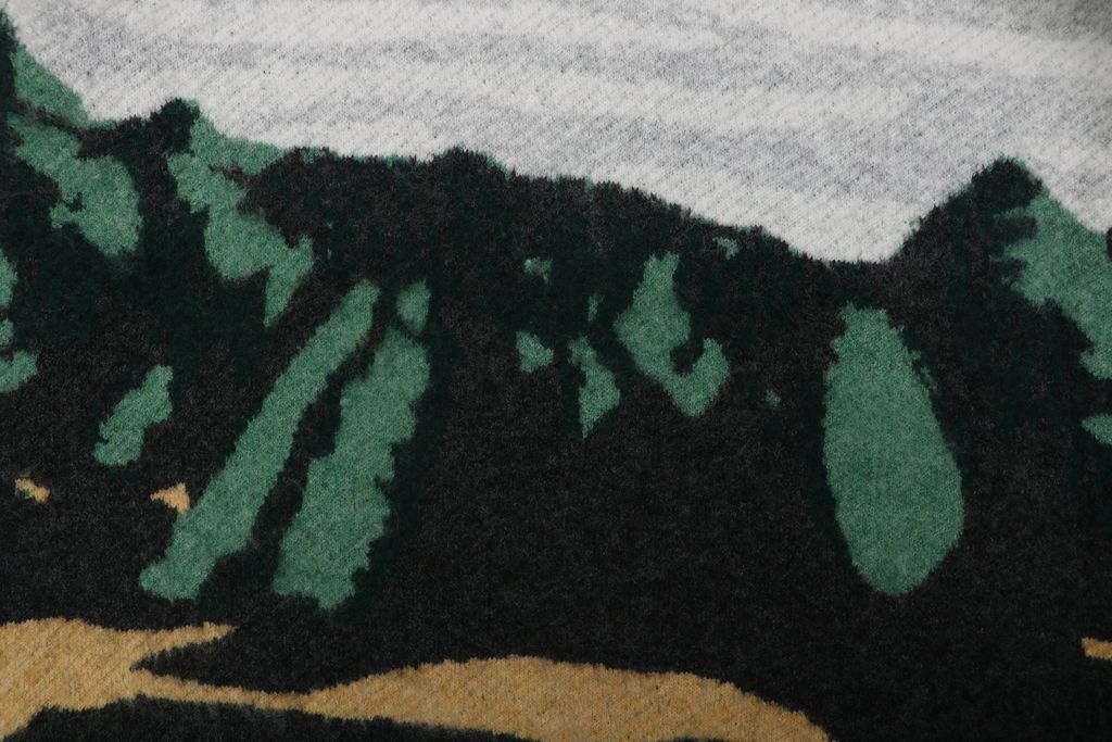 Louis Vuitton forest landscape jacquard knit jacket mohair wool blend light grey heather deep green light green khaki dark grey mountain tree pattern sizes S-XL