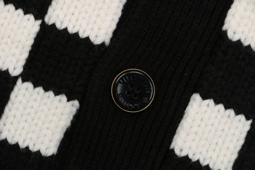 Louis Vuitton checkerboard Monogram hem V neck cardigan black white jacquard multicolor logo knit metal buttons relaxed drop shoulder sizes S-XL