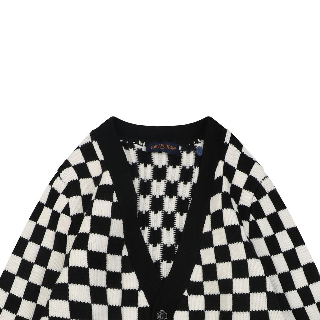 Louis Vuitton checkerboard Monogram hem V neck cardigan black white jacquard multicolor logo knit metal buttons relaxed drop shoulder sizes S-XL