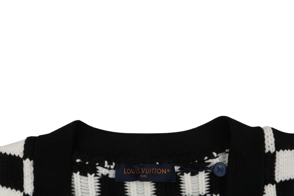 Louis Vuitton checkerboard Monogram hem V neck cardigan black white jacquard multicolor logo knit metal buttons relaxed drop shoulder sizes S-XL
