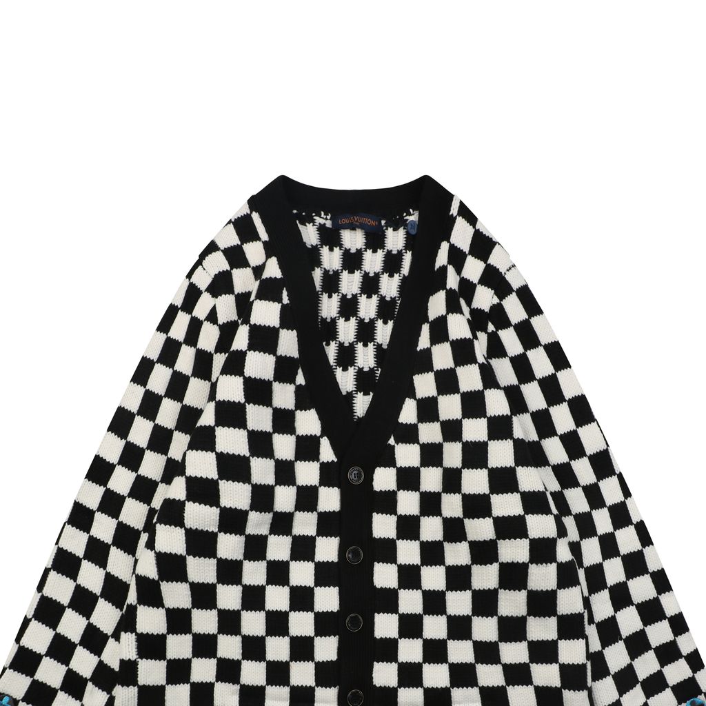 Louis Vuitton checkerboard Monogram hem V neck cardigan black white jacquard multicolor logo knit metal buttons relaxed drop shoulder sizes S-XL