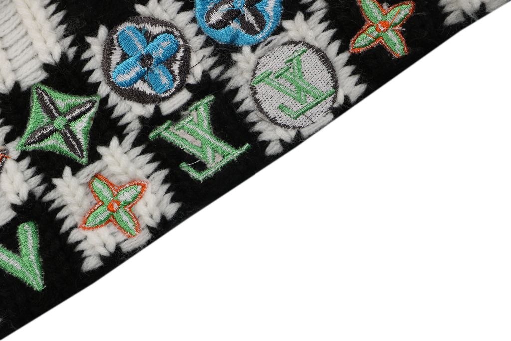 Louis Vuitton checkerboard Monogram hem V neck cardigan black white jacquard multicolor logo knit metal buttons relaxed drop shoulder sizes S-XL