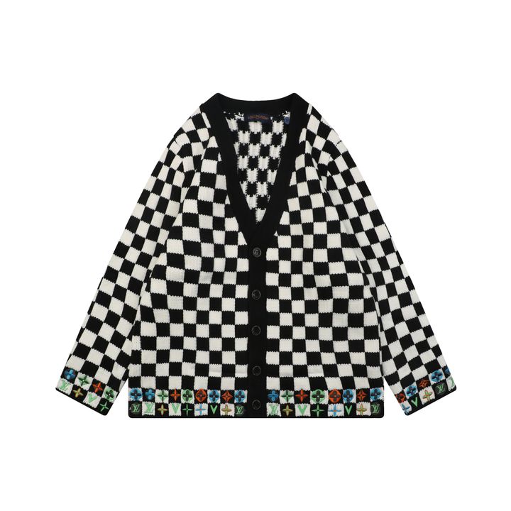 Louis Vuitton checkerboard Monogram hem V neck cardigan black white jacquard multicolor logo knit metal buttons relaxed drop shoulder sizes S-XL