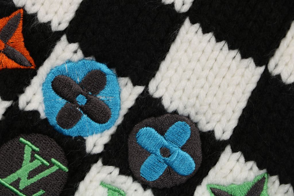 Louis Vuitton checkerboard Monogram hem V neck cardigan black white jacquard multicolor logo knit metal buttons relaxed drop shoulder sizes S-XL
