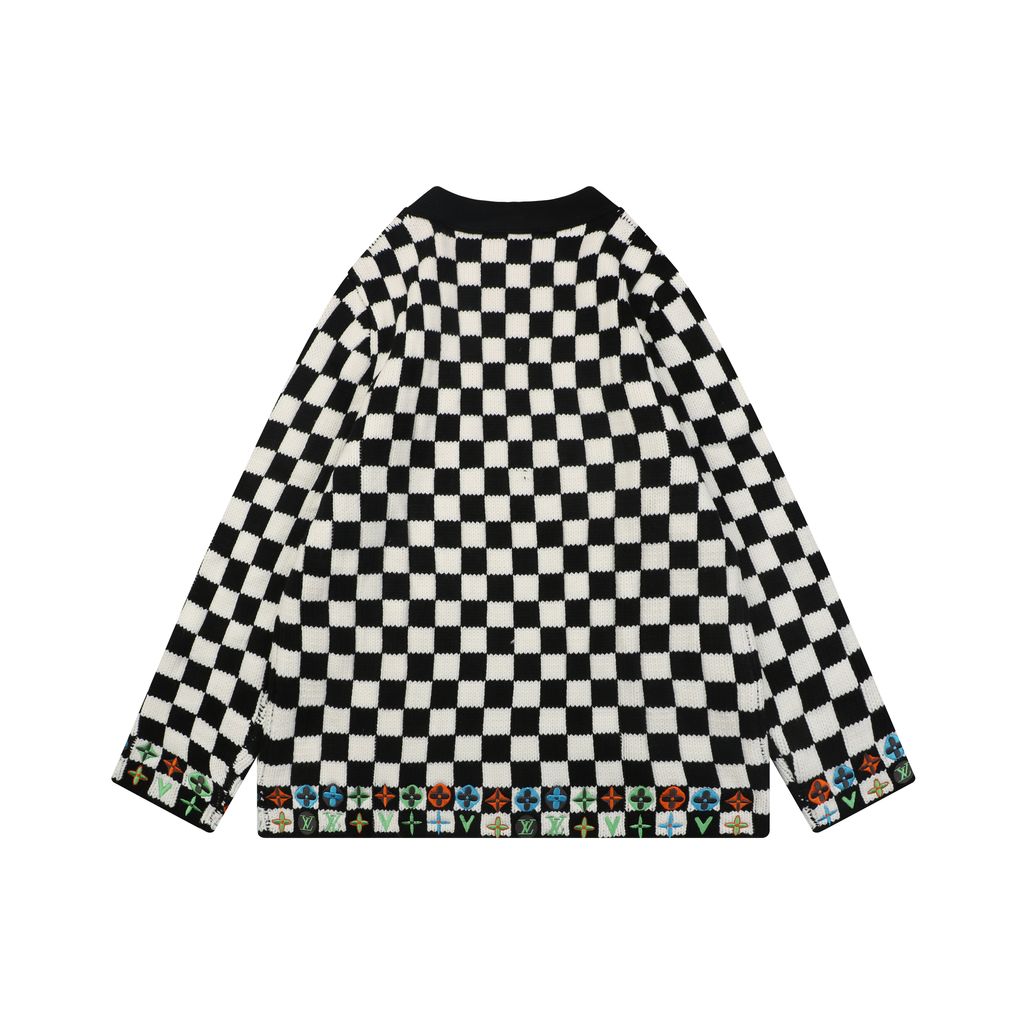 Louis Vuitton checkerboard Monogram hem V neck cardigan black white jacquard multicolor logo knit metal buttons relaxed drop shoulder sizes S-XL