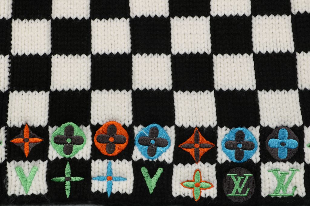 Louis Vuitton checkerboard Monogram hem V neck cardigan black white jacquard multicolor logo knit metal buttons relaxed drop shoulder sizes S-XL