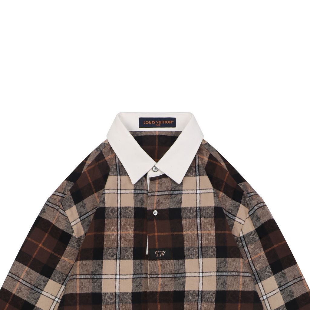 Louis Vuitton check Monogram jacquard white collar long sleeve shirt 100 percent cotton high density twill pattern aligned relaxed fit sizes S-XL