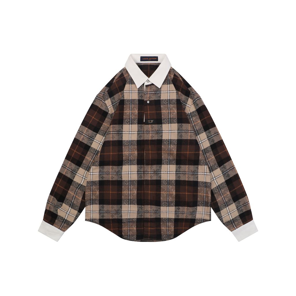 Louis Vuitton check Monogram jacquard white collar long sleeve shirt 100 percent cotton high density twill pattern aligned relaxed fit sizes S-XL