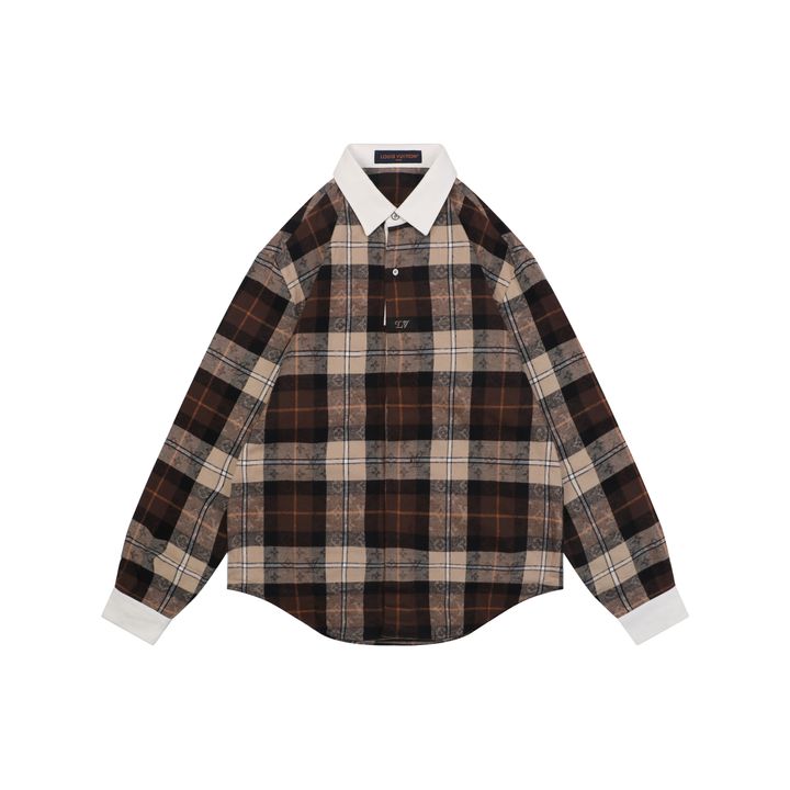 Louis Vuitton check Monogram jacquard white collar long sleeve shirt 100 percent cotton high density twill pattern aligned relaxed fit sizes S-XL