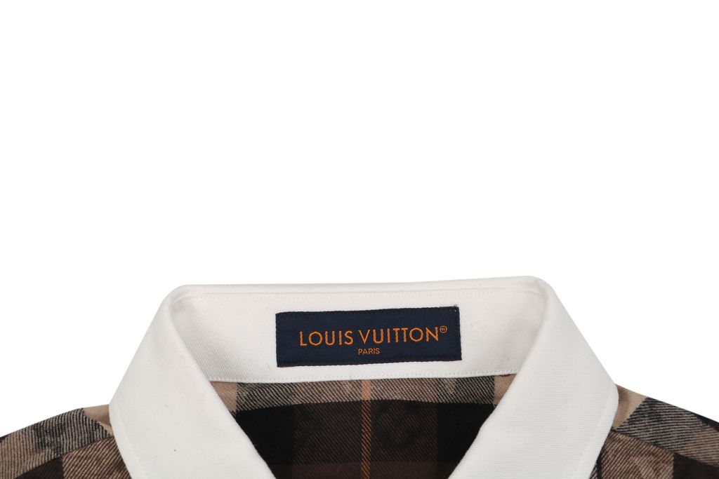 Louis Vuitton check Monogram jacquard white collar long sleeve shirt 100 percent cotton high density twill pattern aligned relaxed fit sizes S-XL