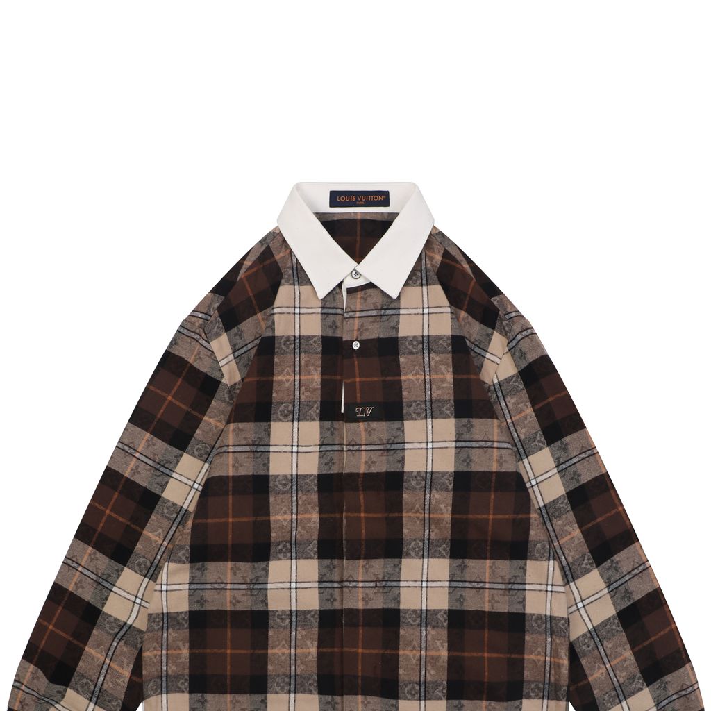 Louis Vuitton check Monogram jacquard white collar long sleeve shirt 100 percent cotton high density twill pattern aligned relaxed fit sizes S-XL