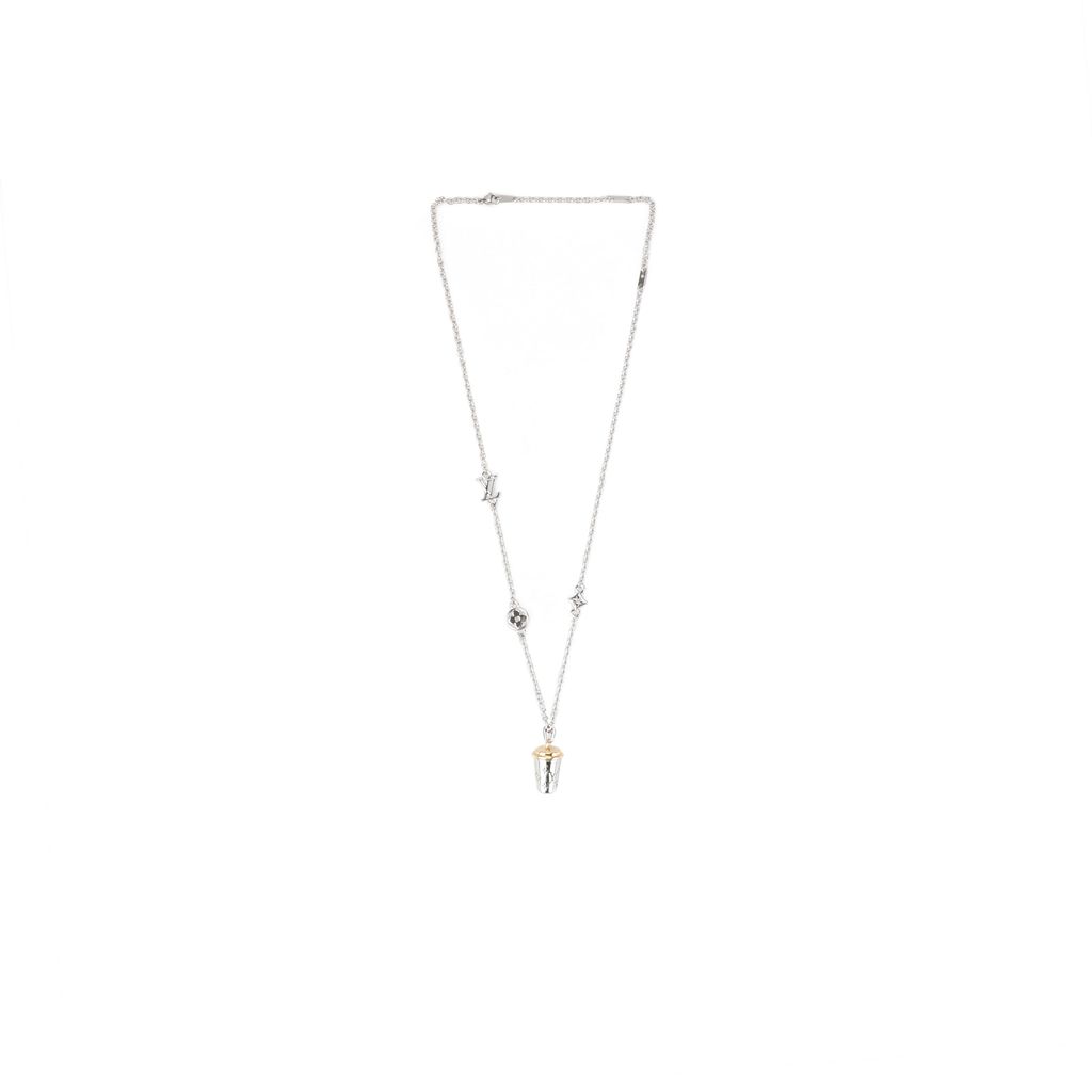 Louis Vuitton green Monogram coffee cup necklace enamel floral letter pendant silver plated white copper adjustable 50 55 60cm chain paper box packaging