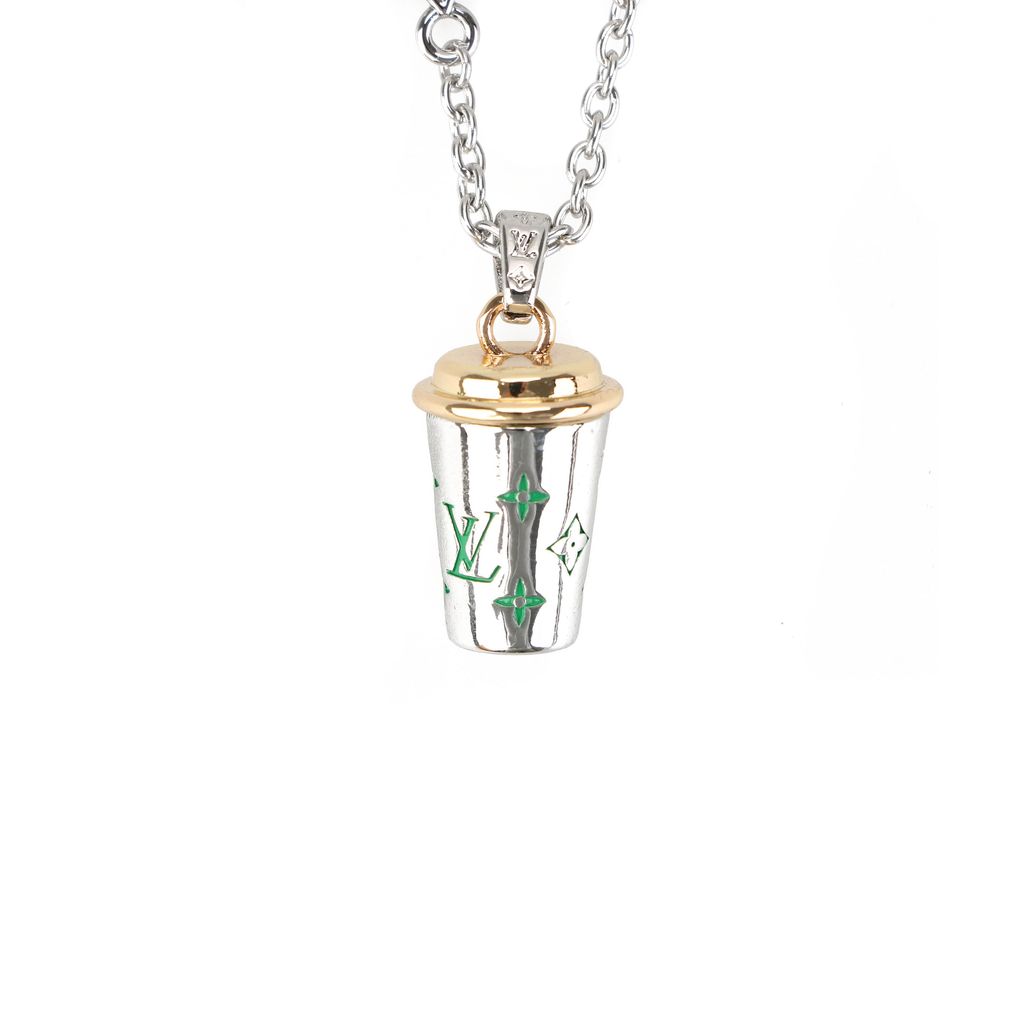 Louis Vuitton green Monogram coffee cup necklace enamel floral letter pendant silver plated white copper adjustable 50 55 60cm chain paper box packaging