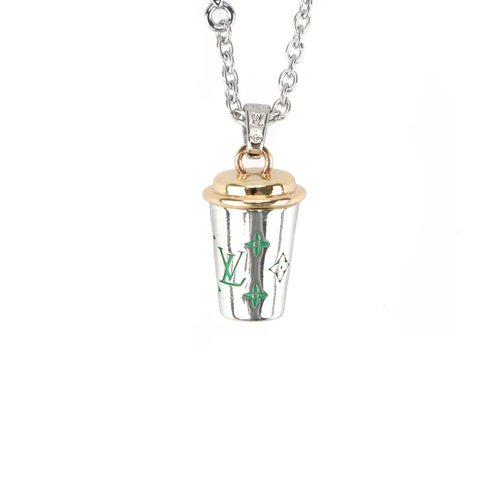 Louis Vuitton green Monogram coffee cup necklace enamel floral letter pendant silver plated white copper adjustable 50 55 60cm chain paper box packaging