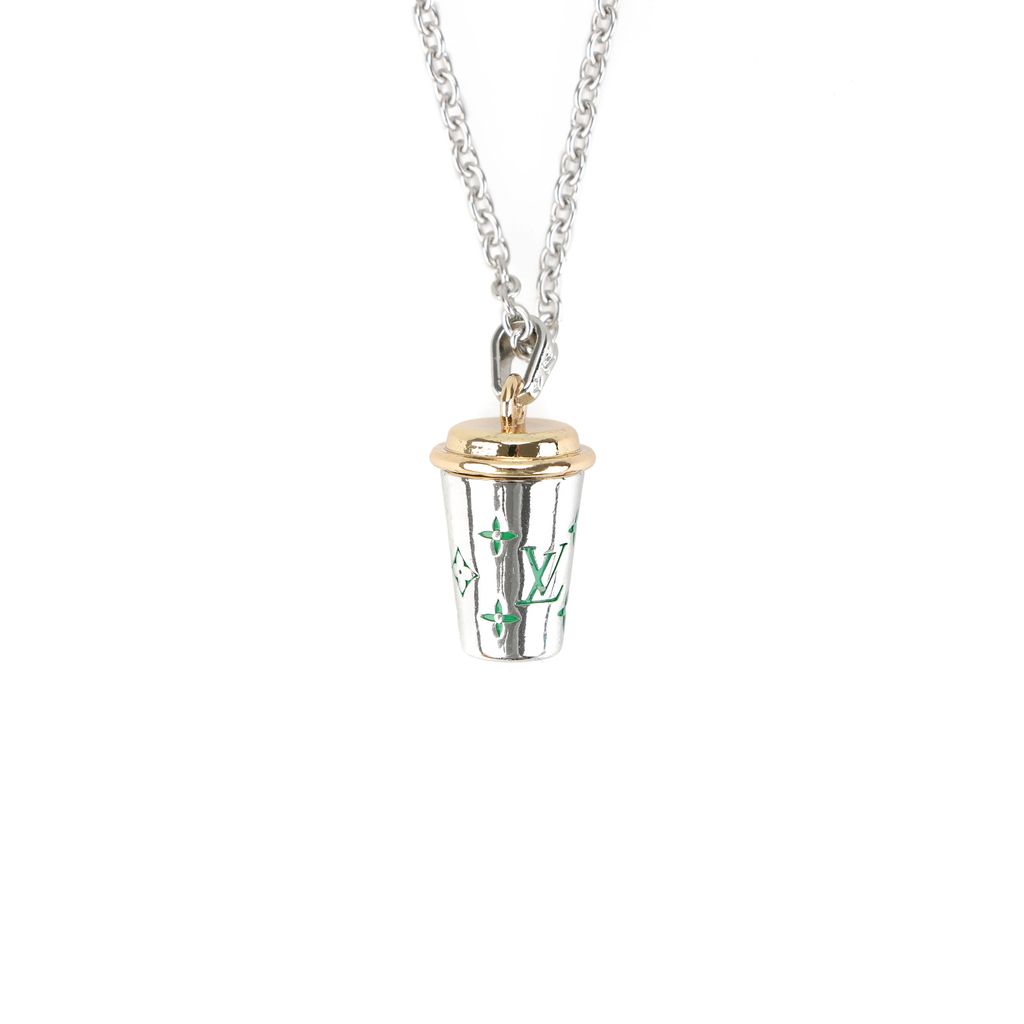 Louis Vuitton green Monogram coffee cup necklace enamel floral letter pendant silver plated white copper adjustable 50 55 60cm chain paper box packaging