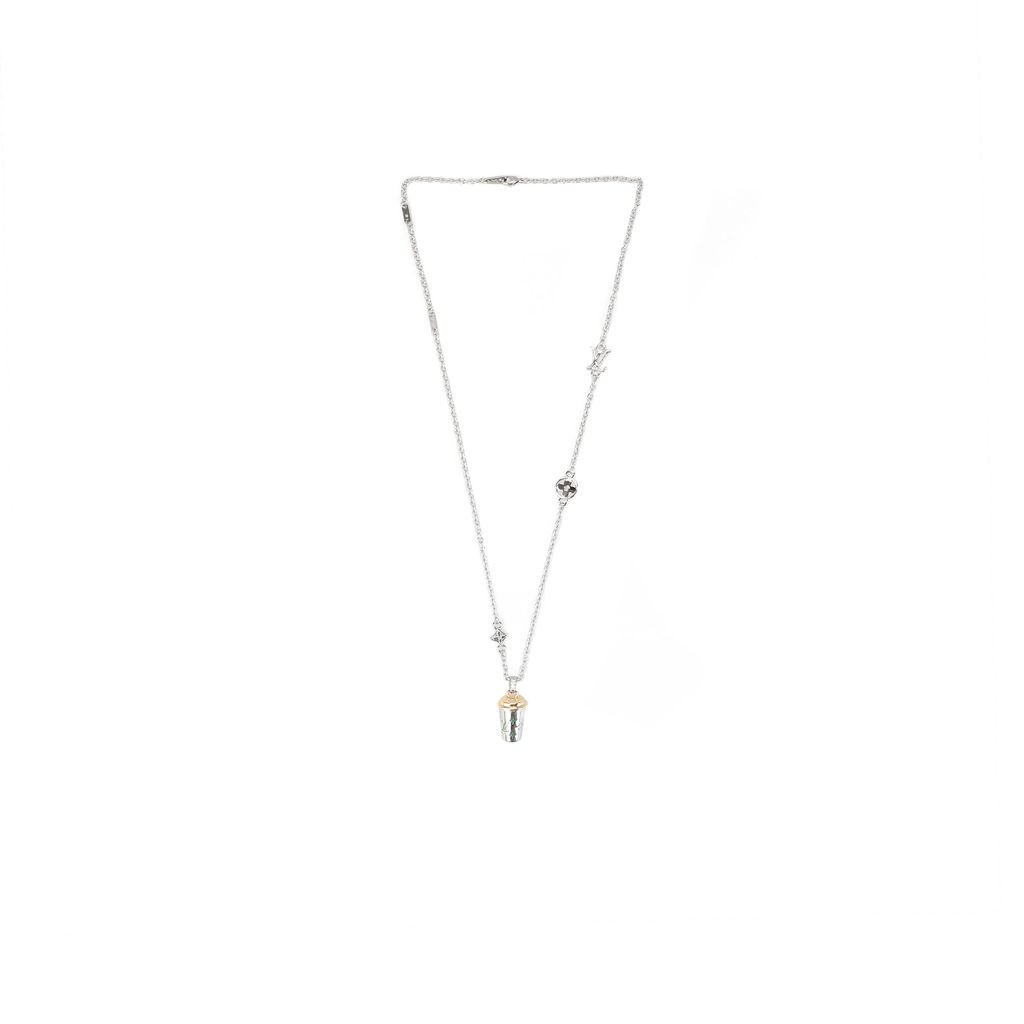 Louis Vuitton green Monogram coffee cup necklace enamel floral letter pendant silver plated white copper adjustable 50 55 60cm chain paper box packaging