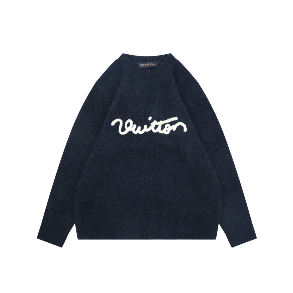 Louis Vuitton Monogram signature letter crew neck sweater black blended knit seamless computerized flat knit double washed relaxed fit sizes S-XL