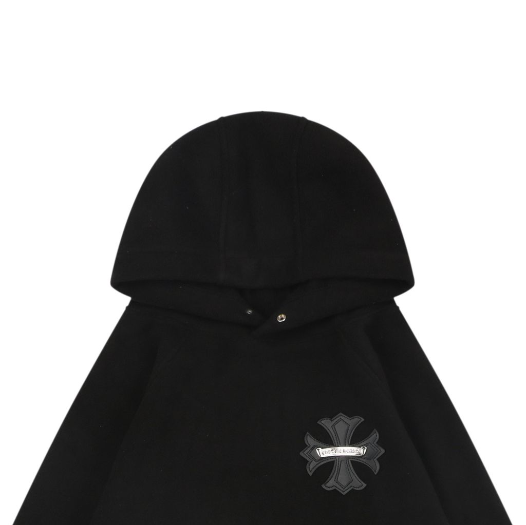 Chrome Hearts black cross lambskin patch double sided fleece hoodie loopback brushed fabric scroll leather detail aged silver tone snap hardware sizes S-L