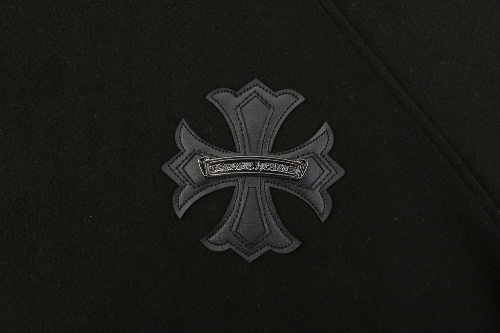 Chrome Hearts black cross lambskin patch double sided fleece hoodie loopback brushed fabric scroll leather detail aged silver tone snap hardware sizes S-L